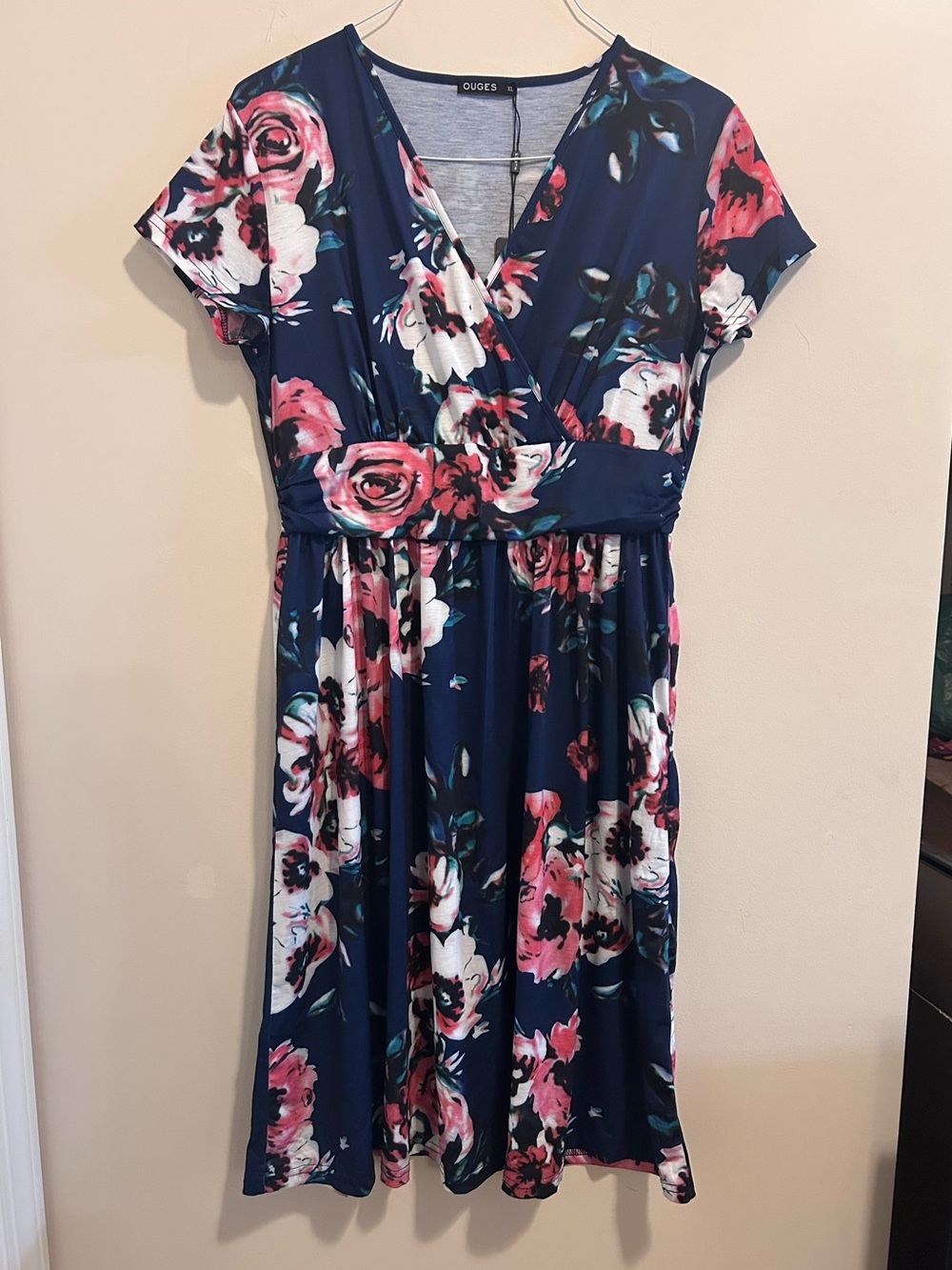 OUGES Navy Floral‎ Midi Dress with Pink & White Blooms